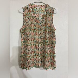 J Jill button-down sleeveless semi sheer tunic top size M print